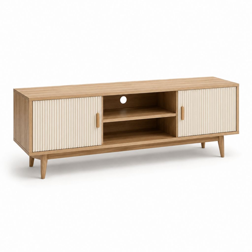 TV Lowboard Eiche Natur Cremeweiß MDF 160 x 40 x 60 cm mit 2 Schiebetüren