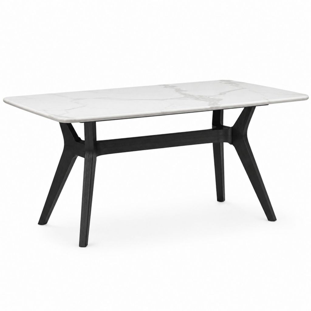 Esstisch Weiß Schwarz Keramikplatte Gummibaum Massivholz Rechteckig 160 x 90 x 75 cm