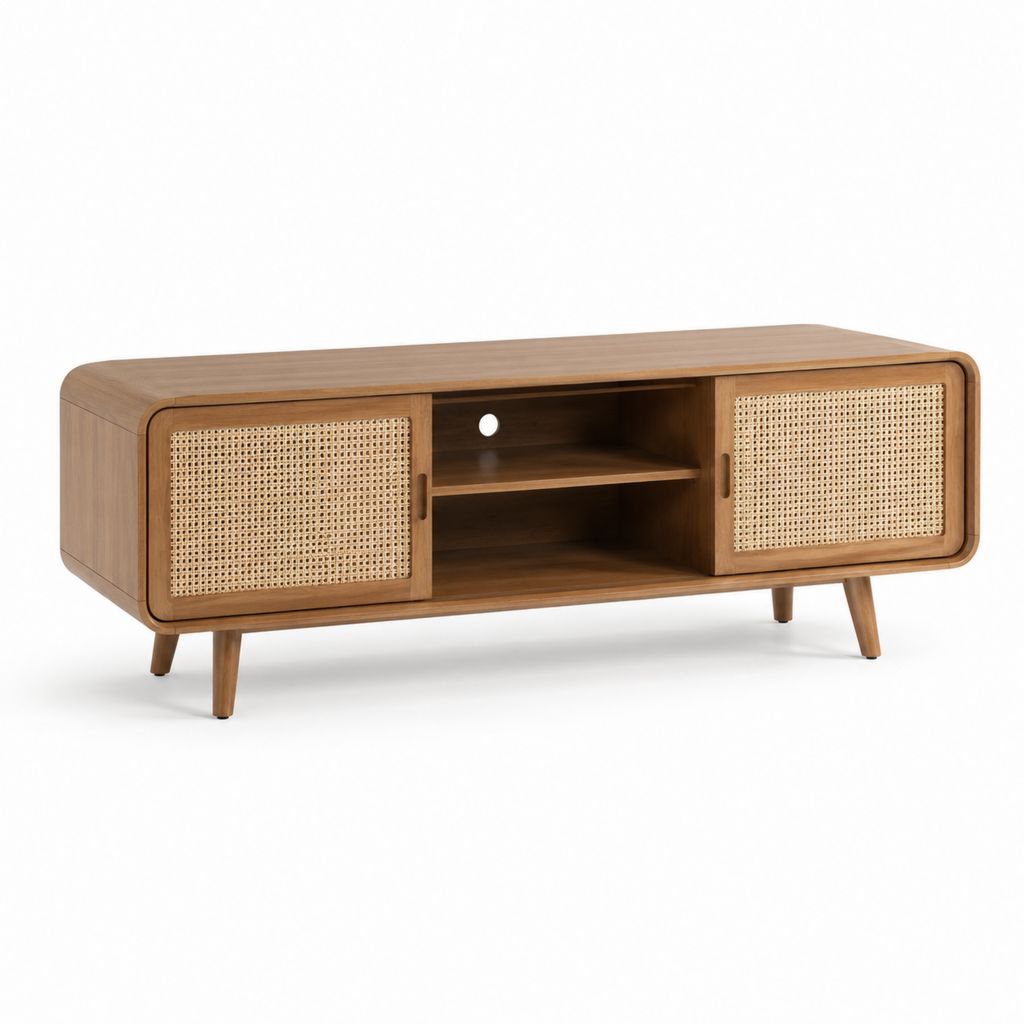 TV-Lowboard Braun aus MDF mit Walnussholzfurnier und Rattan-Schiebetüren Rechteckig 140 x 40 x 55 cm