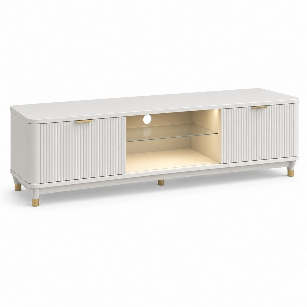 TV-Lowboard Weiß Gold aus MDF rechteckig mit Schiebetüren und LED-Fach 160 x 40 x 55 cm