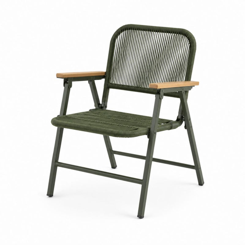 Klappbarer Gartenstuhl Olivgrün aus pulverbeschichtetem Stahl mit PE-Seilgeflecht und Akazienholzarmlehnen 58 x 72 x 88 cm