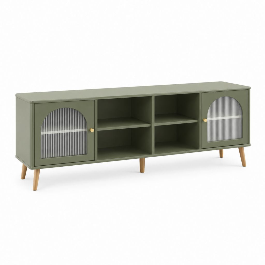 TV-Lowboard olivgrün aus MDF mit Riffelglas und Massivholzfüßen 160 x 40 x 55 cm