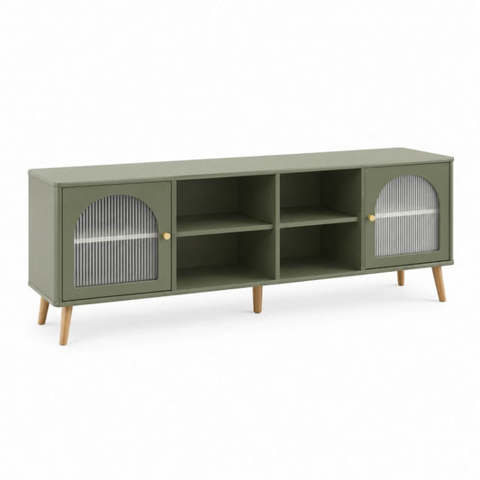 TV-Lowboard olivgrün aus MDF mit Riffelglas und Massivholzfüßen 160 x 40 x 55 cm