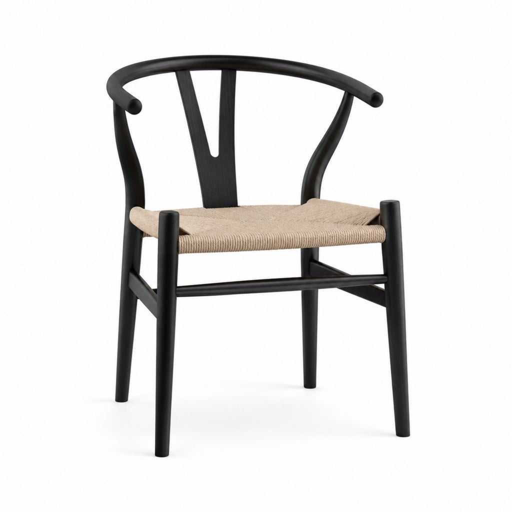 Esszimmerstuhl Schwarz Massivholz mit Papierkordelsitz 55 x 57 x 76 cm
