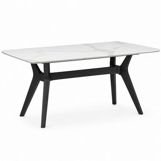Esstisch Weiß Schwarz Keramikplatte Gummibaum Massivholz Rechteckig 160 x 90 x 75 cm