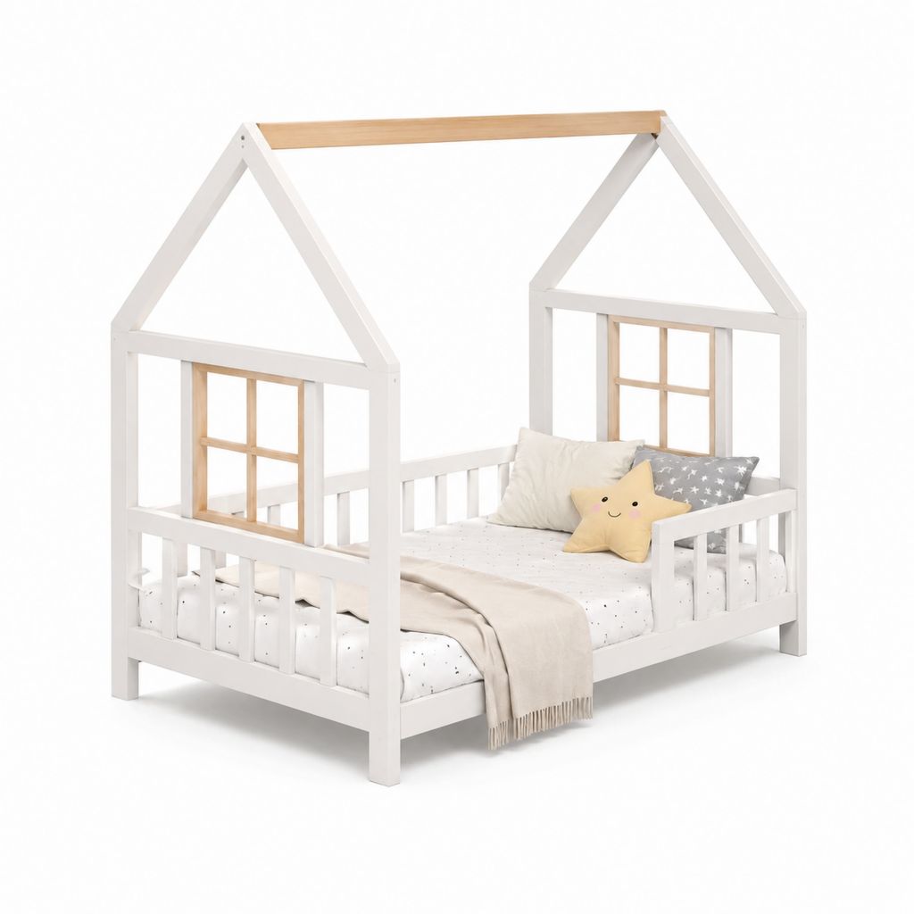 Kinderhausbett aus Kiefer-Massivholz Weiß Natur Hausform Liegefläche 90 x 200 cm Außenmaß 208 x 98 x 170 cm